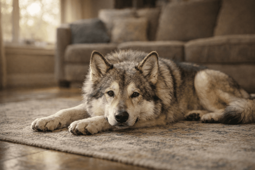 Native American Indian Dog resting comfortably inside a guardian home
