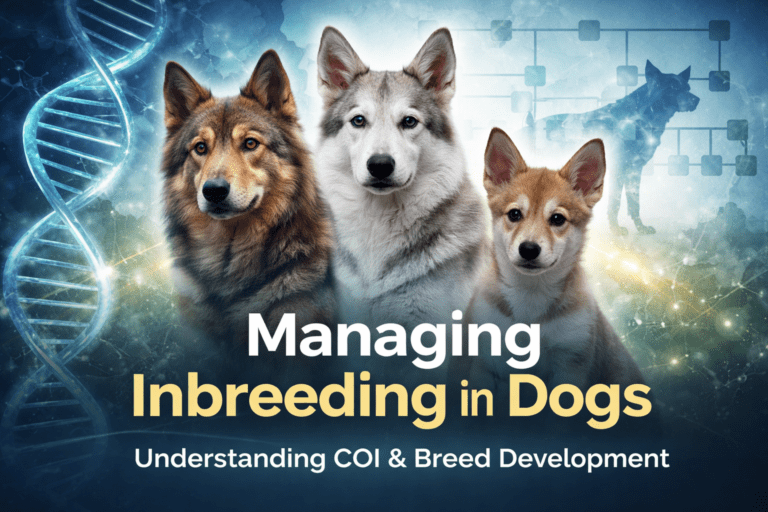 Native American Indian Dogs with DNA helix and pedigree background illustrating COI and breed development.