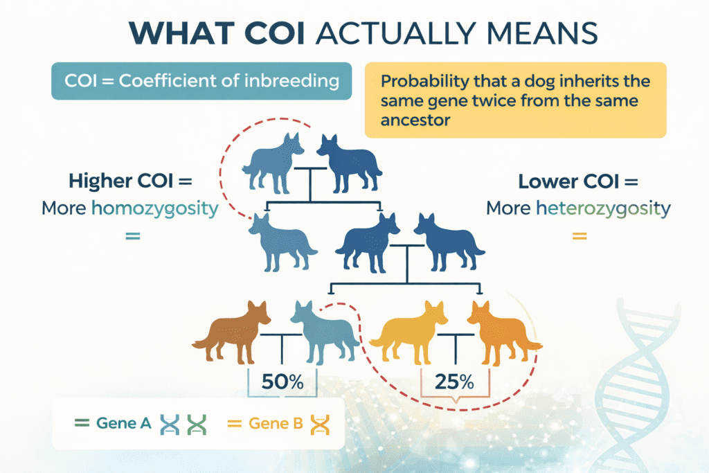 Educational infographic explaining coefficient of inbreeding (COI) in dogs with pedigree diagram and homozygosity vs heterozygosity comparison.