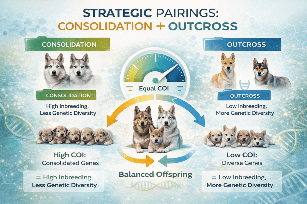 Infographic showing strategic dog breeding pairings combining consolidation and outcross to produce balanced offspring and manage COI responsibly.