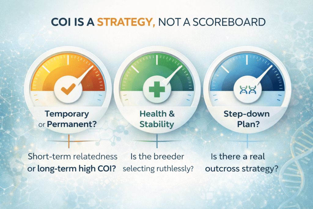 Three-dial model explaining COI management strategy in dog breeding: temporary vs permanent relatedness, health and stability selection, and step-down outcross plan.