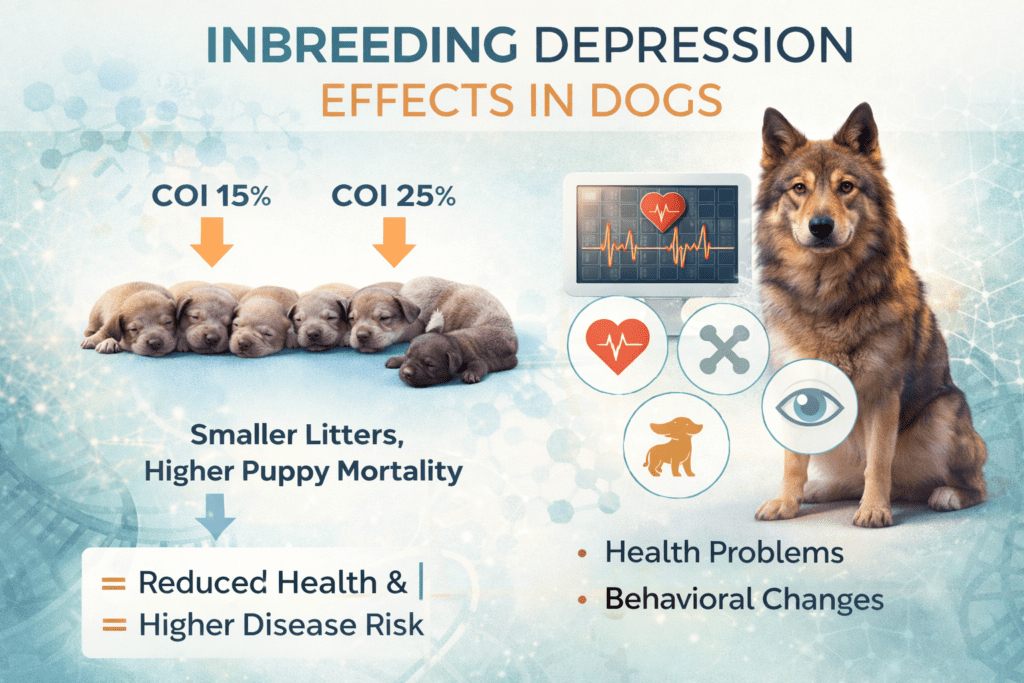 Infographic showing effects of inbreeding depression in dogs including reduced litter size, increased puppy mortality, health risks, and behavioral changes.